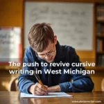 Artistic representation for The push to revive cursive writing in West Michigan